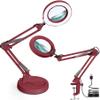 Krstlv 12X Magnifying Glass with Light and Stand, Upgrade Button 5 Color Modes Stepless Dimmable, 2-in-1 LED Lighted Magnifier Light, Hands Free Desk Lamp with Clamp for Craft Hobby Close Work - Red view 1