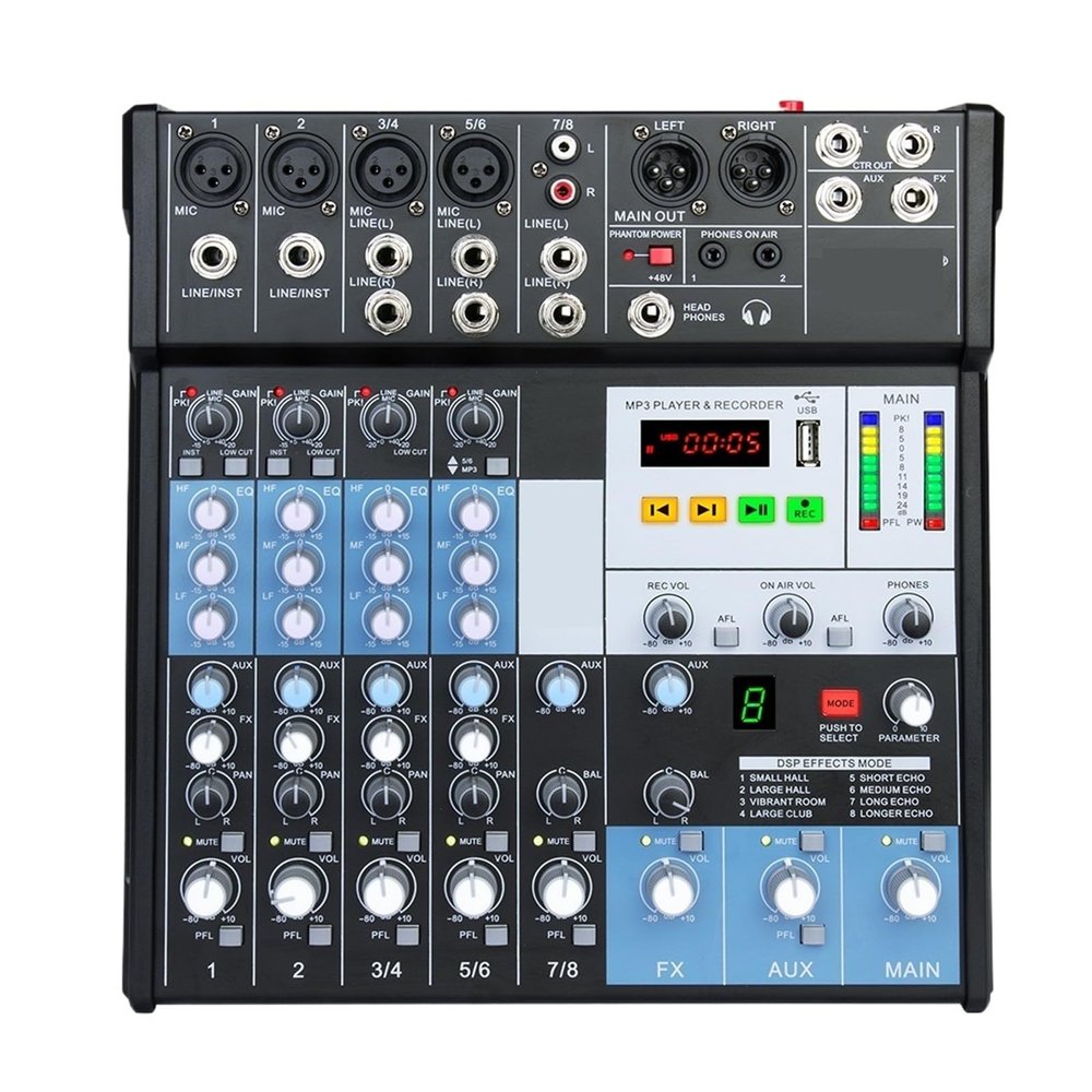 D3LX0Z1 8 Channel Music Mixing Console with USB MP3 Computer Input 48V Phantom Power DJ Audio Mixer for Stage DJ