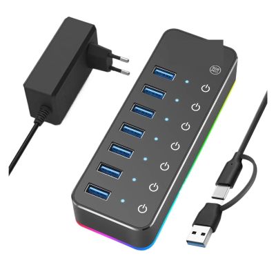 5MNG0Y8 Powered 5Gbps USB C Hub 7 Port USB3.0 14 Mode RGB LED Strip 20W Power Adapter Aluminum Gaming USB Hub(with US Plug Adapter)