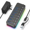 5MNG0Y8 Powered 5Gbps USB C Hub 7 Port USB3.0 14 Mode RGB LED Strip 20W Power Adapter Aluminum Gaming USB Hub(with US Plug Adapter) view 3