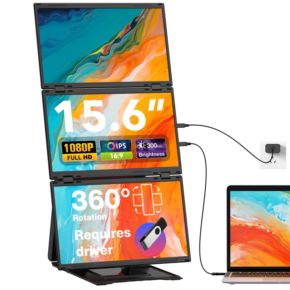 Quad Laptop Screen Extender, 15.6" FHD 1080P Quad Monitor, Combine into One 30" Screen (Landscape/Portrait), Just 1 Cable for 3 Screens, Driver Required, Compatible with Wins & Mac(M1/M2/ M3/M4/M5)