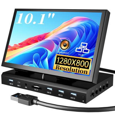 10.1" Small Monitor for PC Raspberry Pi, 1280x720 IPS Mini Monitor Multi-Port Docking Station Built-in USB Hub &Dual Speakers, Raspberry Pi Display for DIY Projects,Gaming & Aida64 CPU GPU Monitoring
