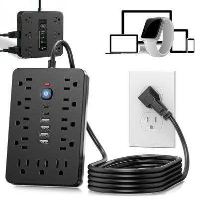 16-in-1 Power Strip with Switch & Surge Protection, Portable Flat Plug Power Strip Surge Protector with 6 AC Power Outlets 4 USB(1C) for Home Office Dorm Travel (Black B, 10ft)