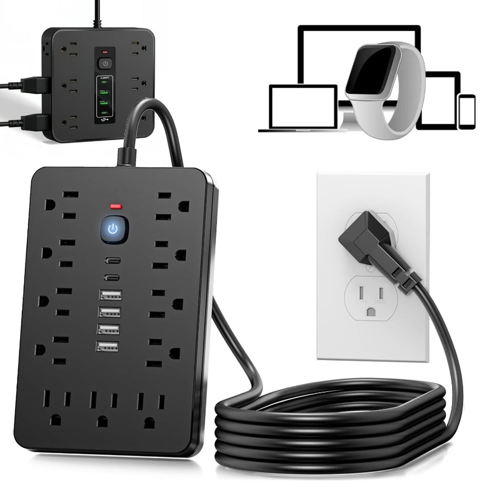 16-in-1 Power Strip with Switch & Surge Protection, Portable Flat Plug Power Strip Surge Protector with 6 AC Power Outlets 4 USB(1C) for Home Office Dorm Travel (Black B, 10ft)