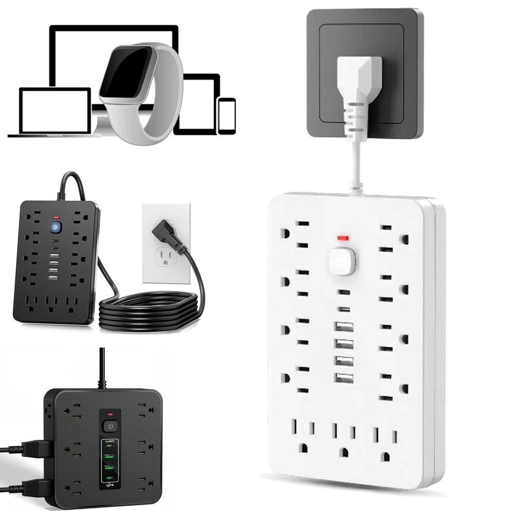 16-in-1 Power Strip with Switch & Surge Protection, Portable Flat Plug Power Strip Surge Protector with 6 AC Power Outlets 4 USB(1C) for Home Office Dorm Travel (White B, 10ft)