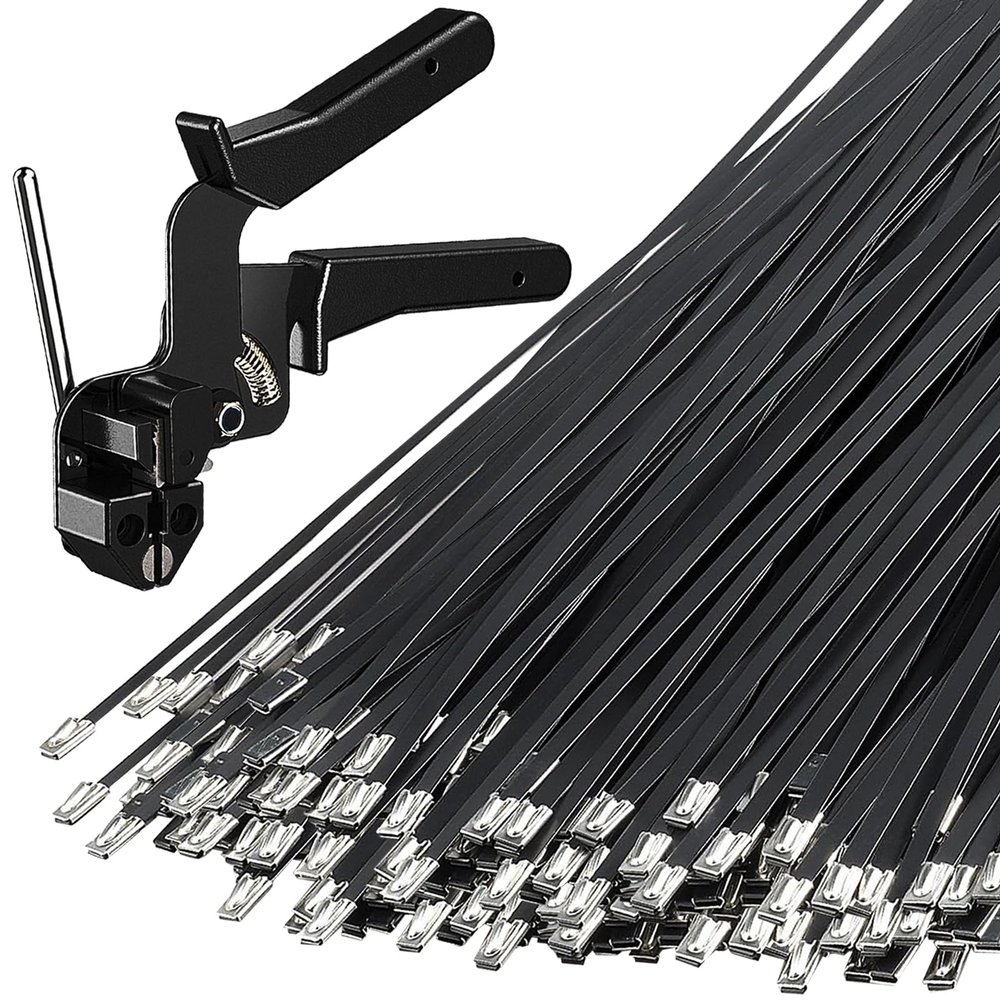 200PCS Heavy-Duty Metal Zip Ties with Cable Tie Gun for Fastening and Cutting, 11.8 Inch UV-Resistant Black Stainless Steel Ties for Fence, Pipe, Exhaust, Vehicle & Farm Use