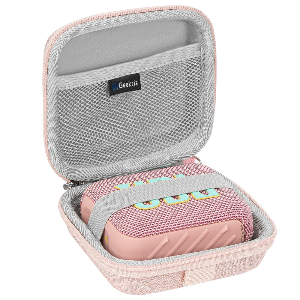 Geekria Shield Speaker Case Compatible with JBL Go 4/3/3 Eco Cover, Replacement Hard Shell Portable Speaker Protective Carrying Bag with Cable Storage, Keychain Carabiner (Pink)