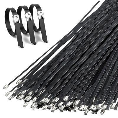 100PCS Heavy-Duty Metal Zip Ties, 11.8 Inch Black Stainless Steel Locking Cable Ties, UV Resistant for Fence, Pipe, Exhaust, Vehicle, Farm & Industrial Use