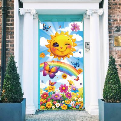 arricraft 1 Pc Cartoon Style Sun Polyester Door Cover, Sun Butterfly Rainbow Flowers Backdrop Banner Door Porch Sign Photography Background for School Porch Home Decor Accessories