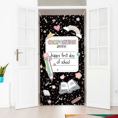 arricraft 1 Pc School Theme Polyester Door Cover, Rainbow Pencil Composition Notebook Backdrop Banner Door Porch Sign Photography Background for School Porch Home Decor Accessories