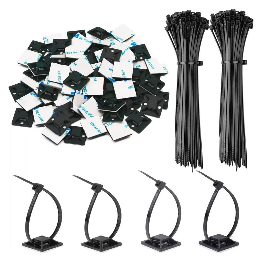100pcs Self-Locked Nylon Cable Tie Square Self Adhesive Wire Zip Fixed Seat Holder Cable Tie Mount Base(Black,4x200mm(30x30))