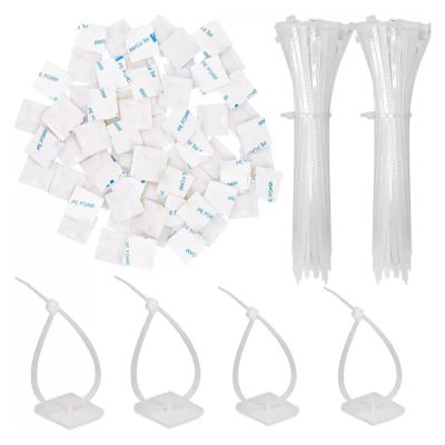 100pcs Self-Locked Nylon Cable Tie Square Self Adhesive Wire Zip Fixed Seat Holder Cable Tie Mount Base(White,4x150mm(25x25))