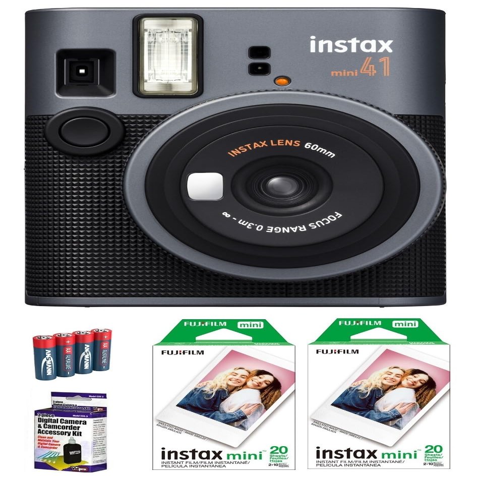 FUJIFILM INSTAX MINI 41 Instant Film Camera Bundle, Includes: Mini Color Film (40 Exposures), AA Batteries (4-Pack) and Cleaning Kit