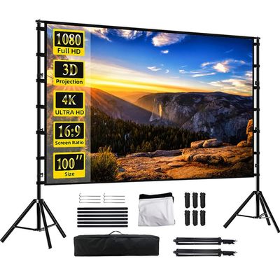 100 inch Projector Screen with Stand, 16:9 HD Portable Outdoor Projection Screen with Carry Bag for Home Theater, Backyard Movie Night