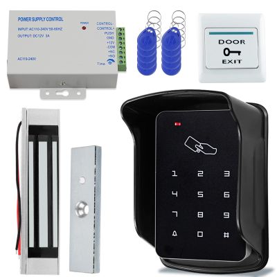AccessShield Door Access Control System Kit, RFID Keyboard with Rain Cover, 180/350lbs Magnetic Lock, DC12V Power Supply, 10Pcs 125KHZ ID Keyfobs,Door Safety Switch Applies to Outdoor