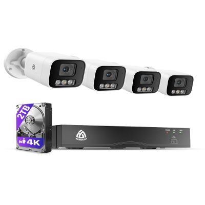 Smart 4K 8CH Home Security Camera System, 4pcs Wired PoE IP Cameras Outdoor with Person/Vehicle Detection, 8MP/4K 8CH NVR with 2TB HDD for 24-7 Recording, Full Color Night Vision, 2-Way Talk