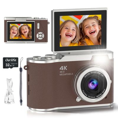 4K Digital Camera,Autofocus 48MP Selfie Camera with 180 Flip Screen,Kids Digital Camera 8X Zoom Anti Shake Compact Cameras for Photography,32GB TF Card for Kids Teens Beginner