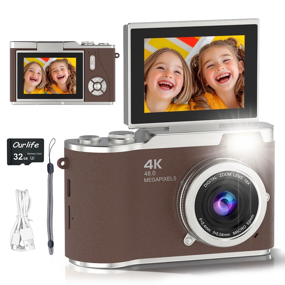 4K Digital Camera,Autofocus 48MP Selfie Camera with 180 Flip Screen,Kids Digital Camera 8X Zoom Anti Shake Compact Cameras for Photography,32GB TF Card for Kids Teens Beginner