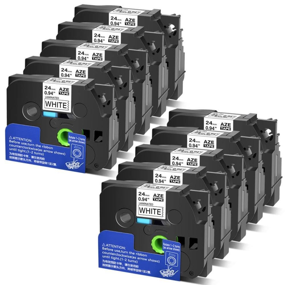 10PK 24mm Black On White Laminated Label Tape Compatible with TZe TZ 251 for Use with PT-1500 Label Printers