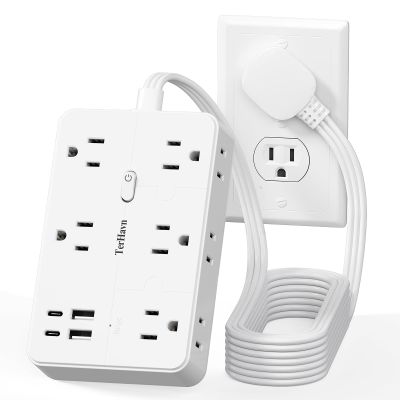 Surge Protector Power Strip 10 FT Flat Extension Cord 10 AC Outlets & 4 USB Ports(5V/3.4A 17W), 1080J Wall Mountable Desktop Charging Station with Flat Plug for Office Supplies and Home, White