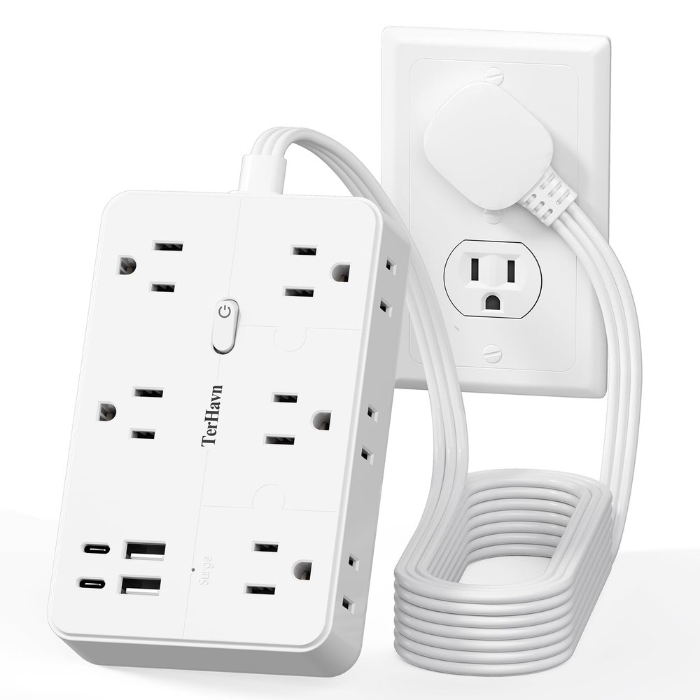 Surge Protector Power Strip 10 FT Flat Extension Cord 10 AC Outlets & 4 USB Ports(5V/3.4A 17W), 1080J Wall Mountable Desktop Charging Station with Flat Plug for Office Supplies and Home, White