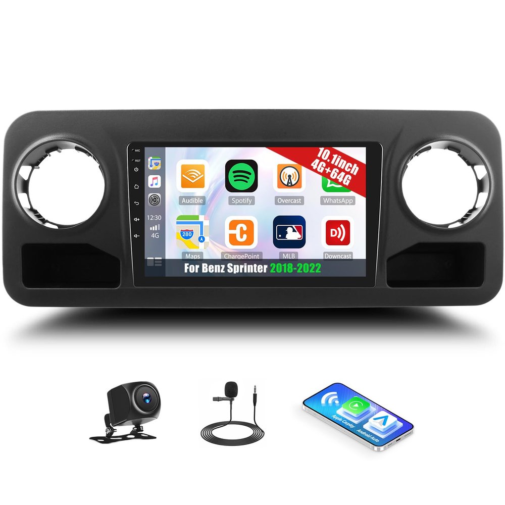 4G+64G Android Car Stereo for Benz Sprinter 2018-2022 10.1 Inch Touch Screen with CarPlay Android Auto Mirror Link UI Bluetooth FM GPS Navigation WiFi FM SWC Shot Cut Backup Camera MIC