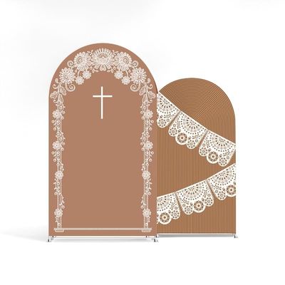 2Pcs Rustic Lace Arch Backdrop Covers with Cross, Brown Vintage Spandex Arch Covers for Wedding Ceremony, Baptism, First Communion, Easter Party Decorations (6FT,5FT)
