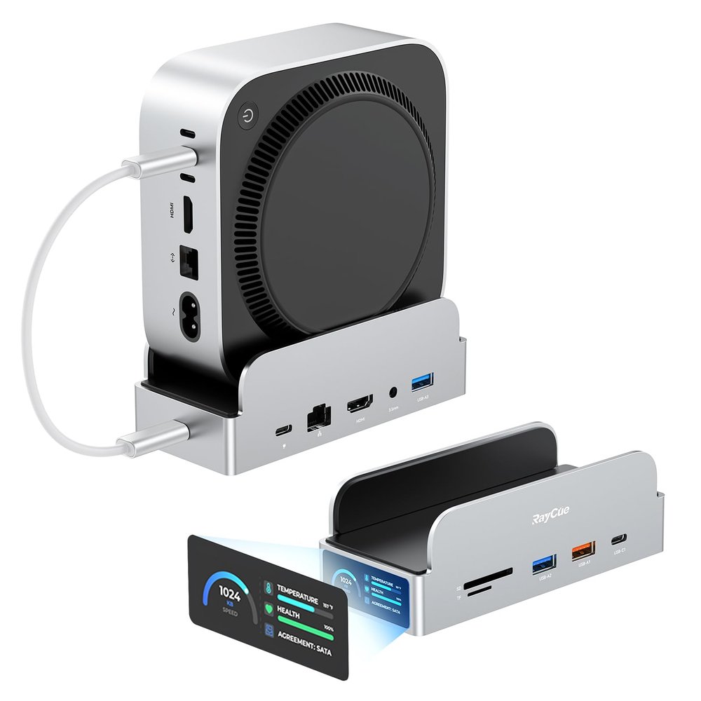 RayCue SmartDock Pro for Mac mini M4 Dock Stand with M.2 NVMe SSD Enclosure, 4K 60Hz HDMI, 10Gbps USB-C/A, Gigabit Ethernet, SD/TF Card Readers  Space-Saving Vertical Hub Compatible with Mac mini