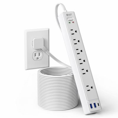 15Ft Long Extension Cord, SUPERDANNY Surge Protector Power Strip with 6 Outlets & 3 USB Ports, Flat Plug Power Strip Wall Mountable, Desk Charging Station for Home Office, College Dorm Room Essentials