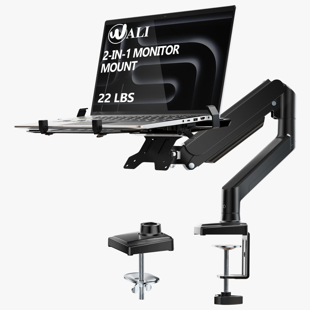 WALI Laptop Desk Mount, 2-in-1 Monitor Mount Fit 17 Notebook and 34 Monitors, Laptop Stand for Desk Adjustable Height, Gas Spring Monitor Arm with Laptops Holder, Up to 22-26.4lbs(GSMP001LPN), Black