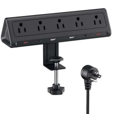 6.5 FT Desk Clamp Power Strip with 5 AC Outlets & 6 USB Ports PD 40W USB-C Fast Charging, 1250J Surge Protector, Fits 2.1 in top Edge Black