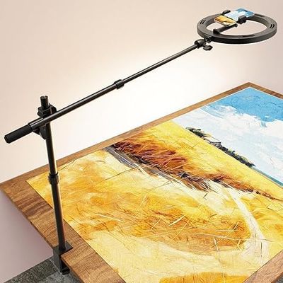 Ring Light for Desk with Overhead Phone Mount and Phone Holder - CRI >95 - Ring Light with Stand for Video Recording, Adjustable Desk Tripod with Ringlight for Artist/Painting/Content Creator/DIY
