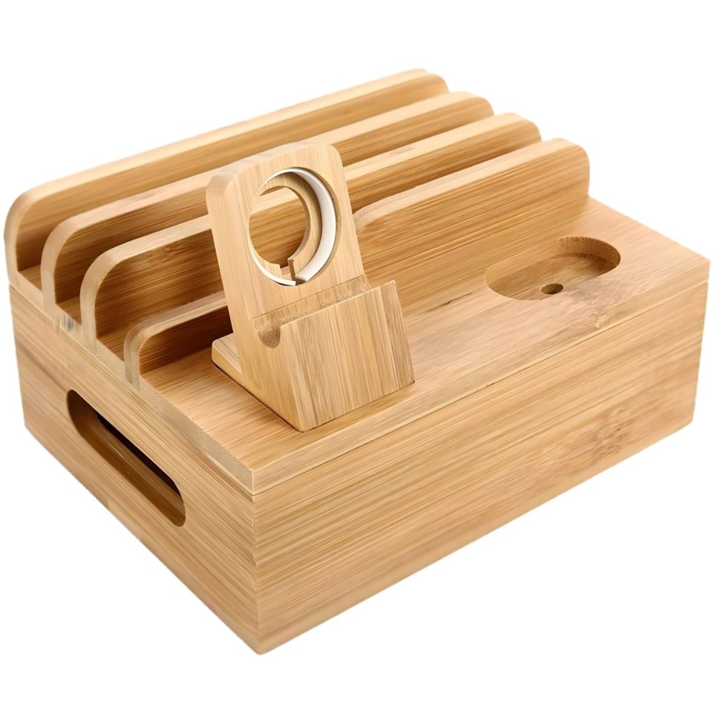 Cord Organizer Box Storage, Holds 8 Devices, Bamboo Charging Station For Multiple Devices, Cable Management Creative Design, Detachable Watch Stand