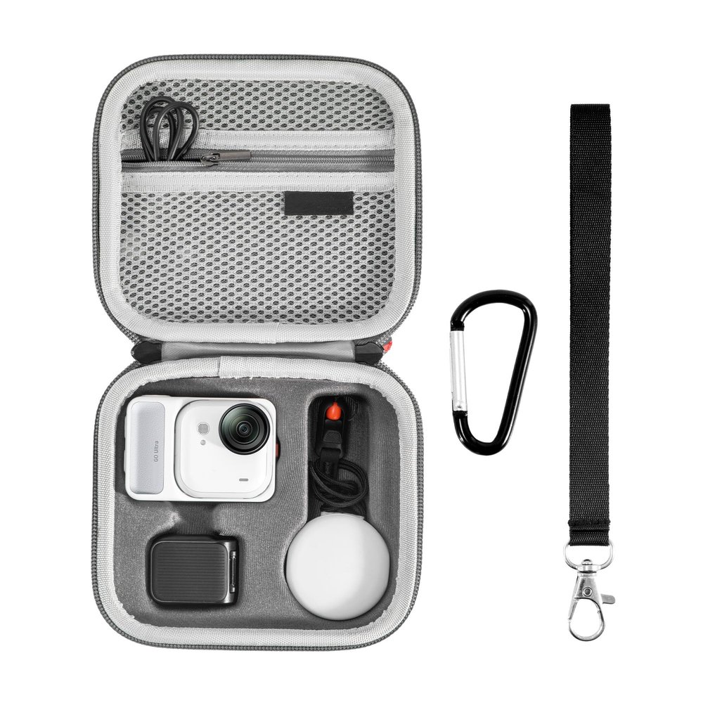 Camera Organizer Bag for Insta360 GO Ultra Anti-Compression Protective Cover PU Carrying Case Camera Mini Storage Bag Travel Vlog Portable Bag with Hand Lanyard and Hook