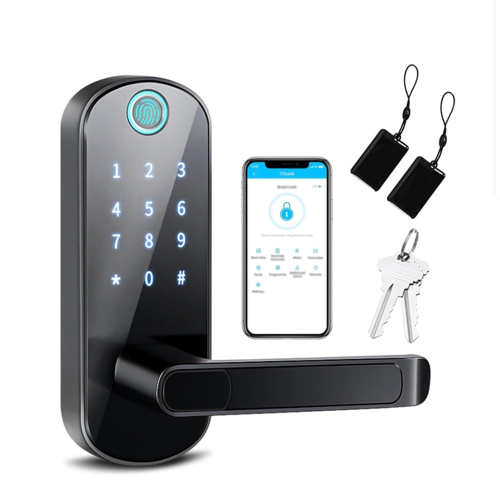 Fingerprint Door Lock with Handle Touchscreen Smart Lock Biometric Lock with Keypad Supports APP & IC Chip Suitable for Bedrooms, Residences, Hotels, Offices, Apartment Entry Doors