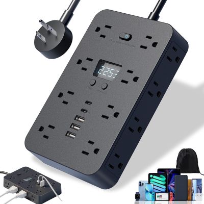 16-in-1 Power Strip with Switch & Surge Protection, 6-Outlet Power Strip with 3 USB Ports (2 USB-C) & Time Display, Multi-Plug Outlet Splitter, 5ft/10ft Extension Cord for Home Travel (Black, 10ft)