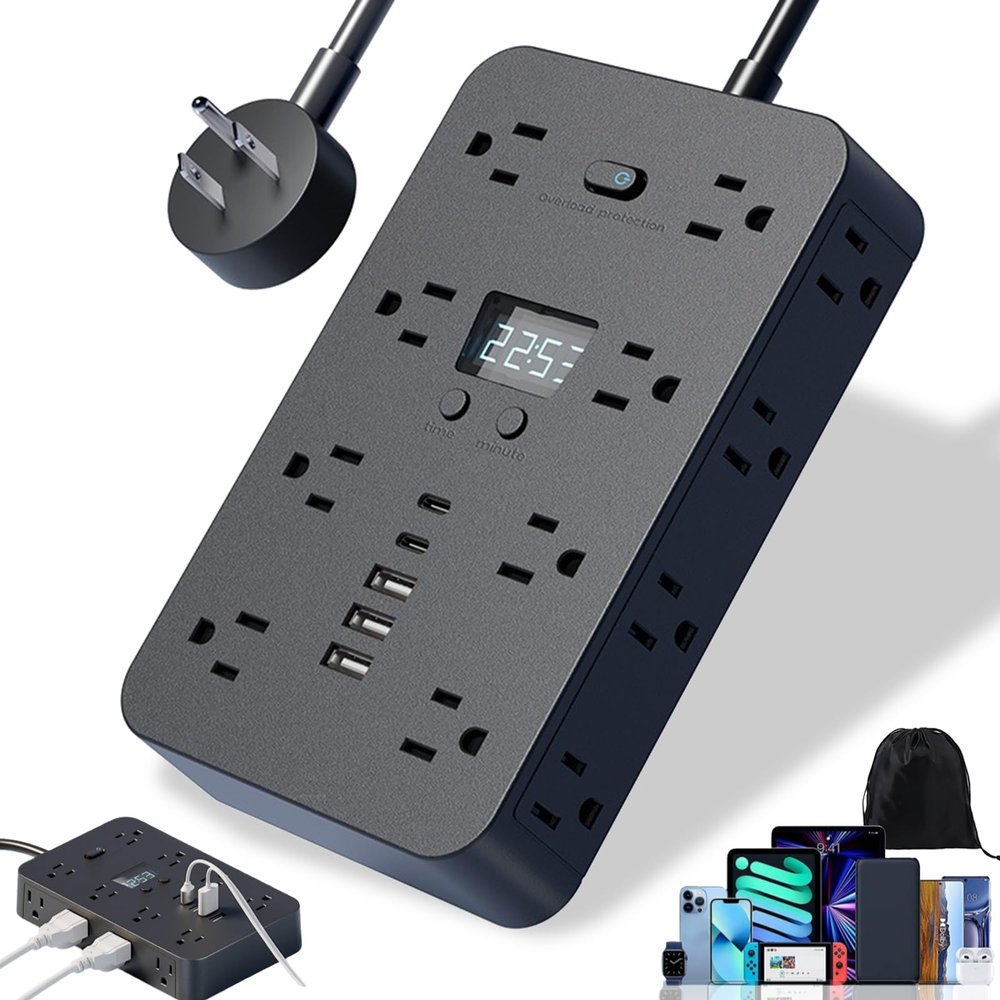 16-in-1 Power Strip with Switch & Surge Protection, 6-Outlet Power Strip with 3 USB Ports (2 USB-C) & Time Display, Multi-Plug Outlet Splitter, 5ft/10ft Extension Cord for Home Travel (Black, 10ft)