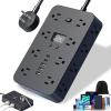 16-in-1 Power Strip with Switch & Surge Protection, 6-Outlet Power Strip with 3 USB Ports (2 USB-C) & Time Display, Multi-Plug Outlet Splitter, 5ft/10ft Extension Cord for Home Travel (Black, 10ft) view 1