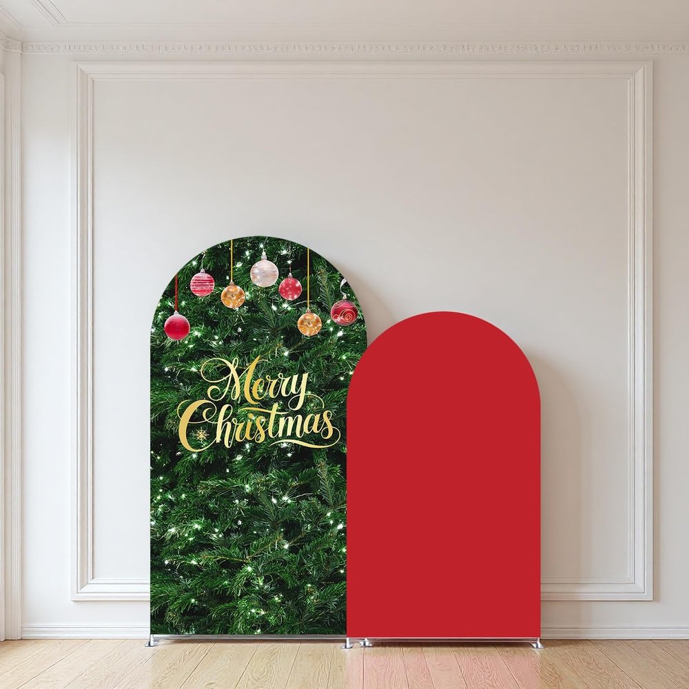 2Pcs Merry Christmas Arch Backdrop Covers, Green Christmas Tree and Solid Red Spandex Arch Covers, Holiday Party Decorations for Winter Celebration (Set of 6ft,5ft)