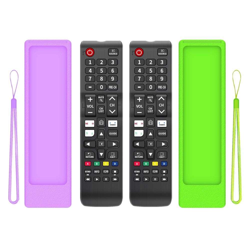 (2+2 Packs) Replacement Remote Control No Setup Fit Samsung TV Remote with Anti-Lost Soft Protective Silicone Cover Case Green & Purple Compatible with Samsung LCD LED HDTV 3D Smart TVs Models
