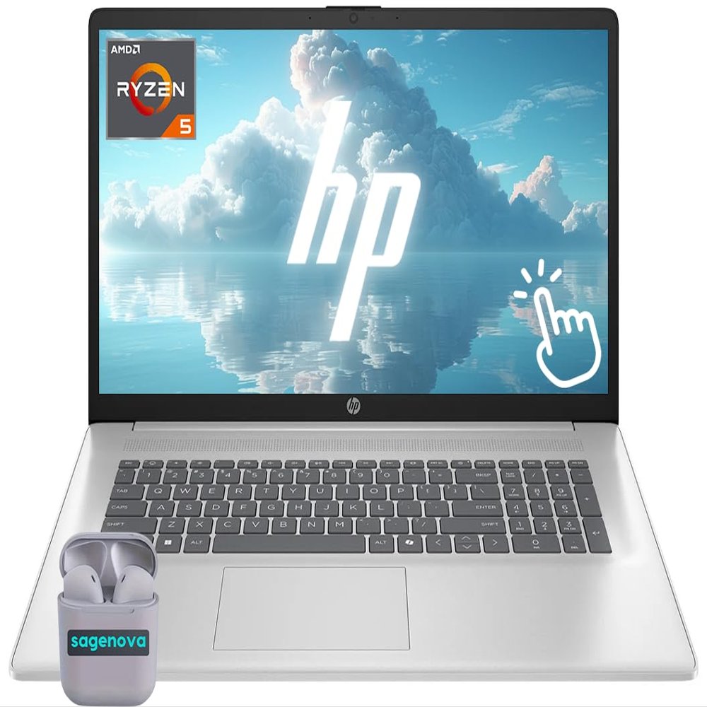 HP Touch Screen Laptop, 17.3" HD+ LED Touchscreen Laptop Computer, Windows 11 Laptop 32GB RAM 1TB SSD, AMD Ryzen 5 7430U Processor, Copilot AI, SageNova Earphones, Silver