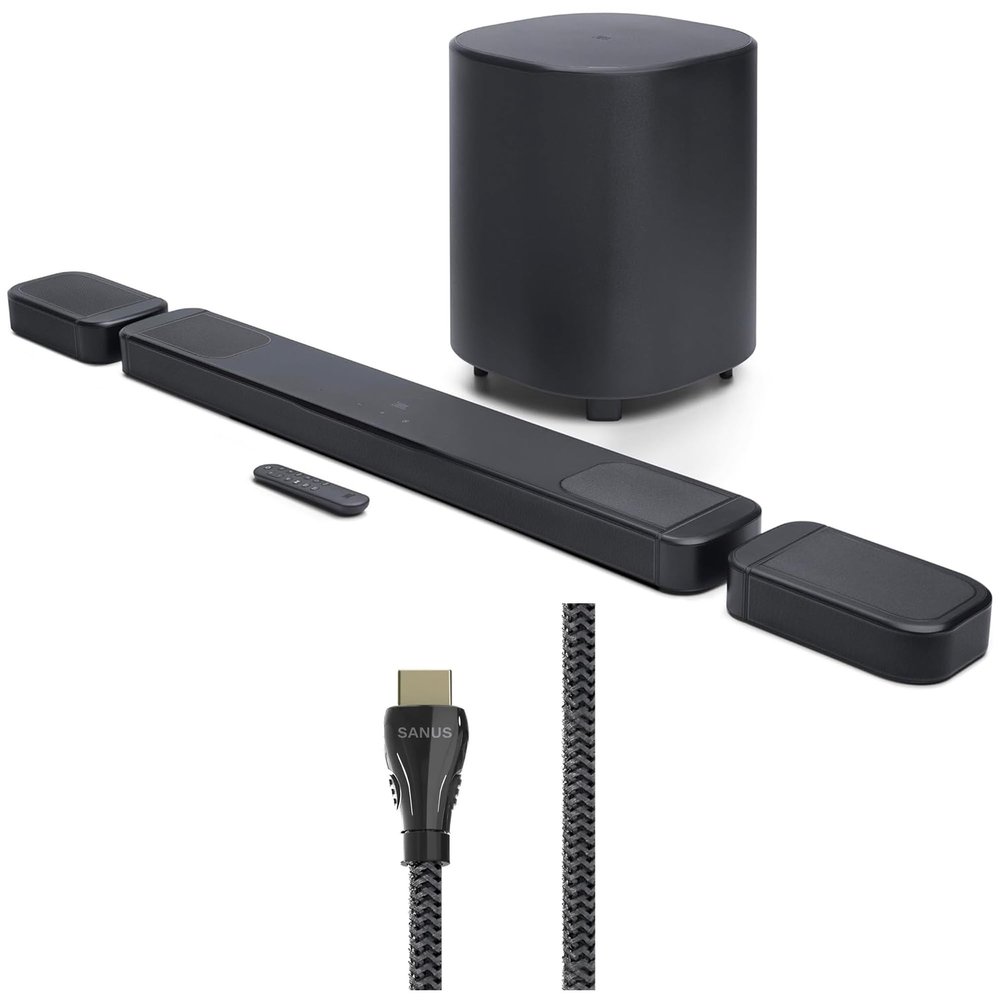 JBL BAR-1000-MK2 Surround Sound 4K Dolby Atmos and DTS Soundbar with a Sanus SAC-21HDMI2 2m HDMI Cable (2025)