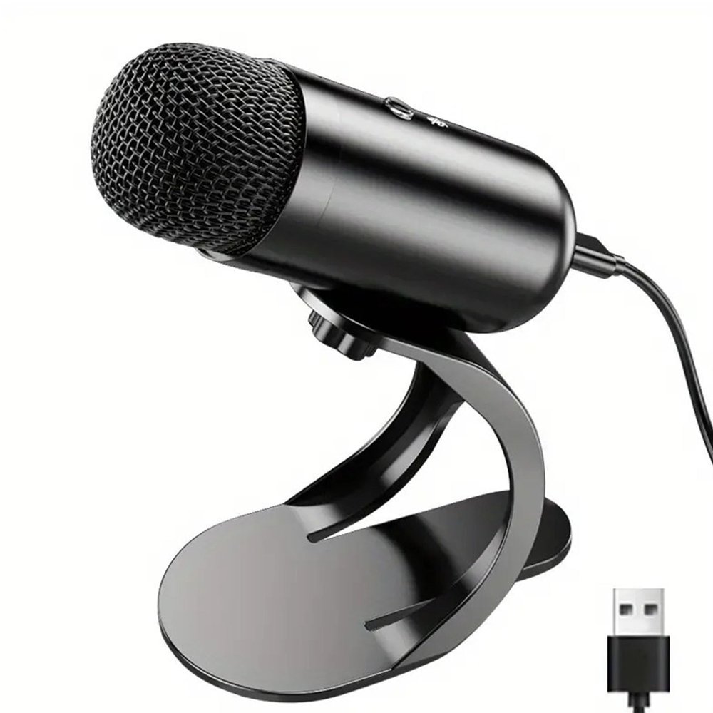 PUSOKEI USB PC Microphone, Wired Computer Microphone with 360 Omnidirectional Sound Pickup & One Touch Mute, Stand and Indicator Light, for Live Streaming Gaming