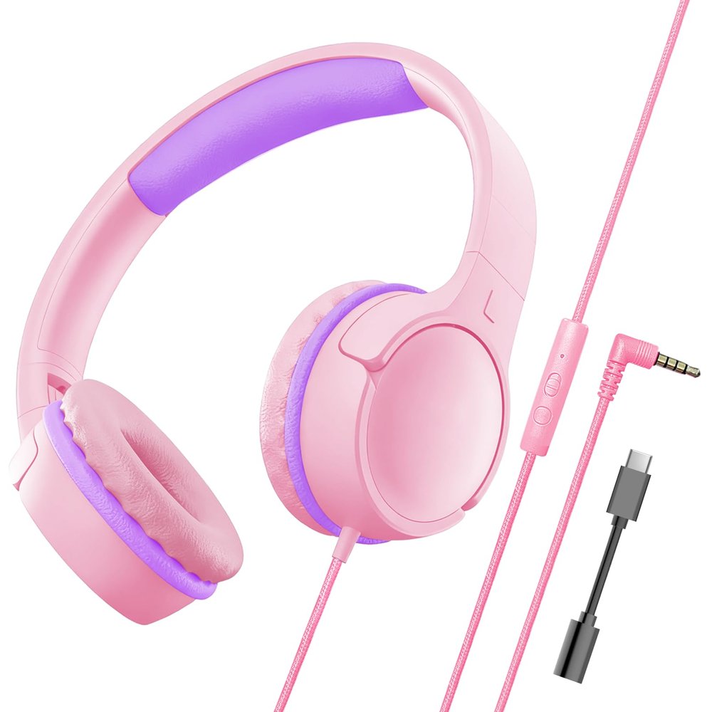 ChromaBloom Children's Headphones with Microphone, Foldable 3.5mm Jack, USB-C Jack, Adjustable 85db/94db Volume, Suitable for Mobile Phones,Computers,Tablets,School,Airplanes,Travel (Pink)