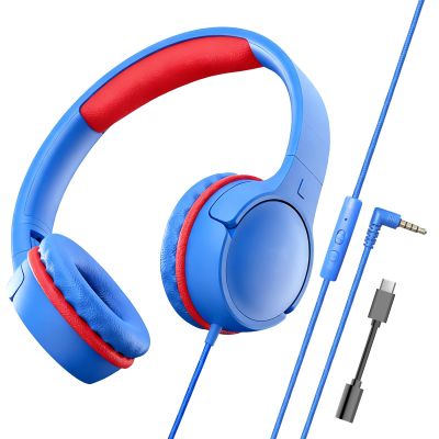 ChromaBloom Children's Headphones with Microphone, Foldable 3.5mm Jack, USB-C Jack, Adjustable 85db/94db Volume, Suitable for Mobile Phones,Computers,Tablets,School,Airplanes,Travel (Blue and Red)