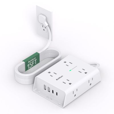 15FT Flat Plug Extension Cord with Multiple Outlets, Surge Protector Power Strip with 8 Outlets 4 USB Ports (2 USB C), Multi Outlet Wall Plug for Home Office College Dorm Room Essentials