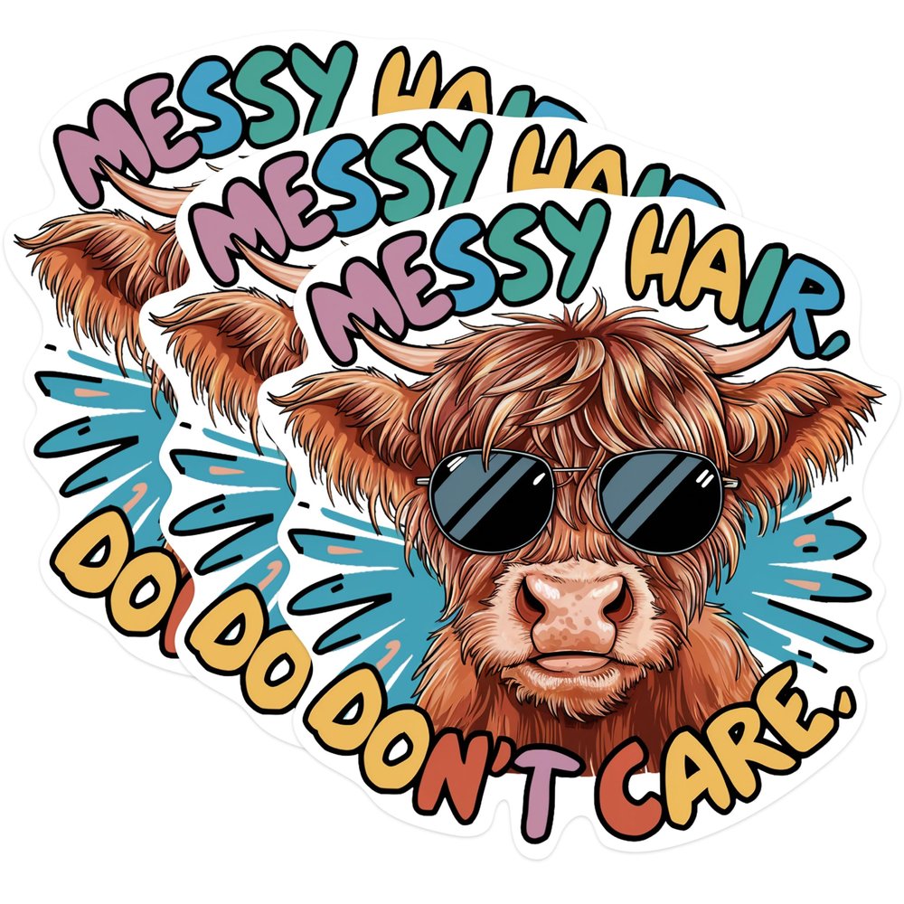 (3 Pack) Messy Hair Cow Decals - Highland Cattle - Funny Laptop Decal - 3 Inches On Longest Side - Easy Peel & Apply - Made in USA - 3MCS0911