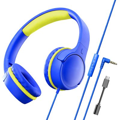ChromaBloom Children's Headphones with Microphone, Foldable 3.5mm Jack, USB-C Jack, Adjustable 85db/94db Volume, Suitable for Mobile Phones,Computers,Tablets,School,Airplanes,Travel (Blue and Yellow)