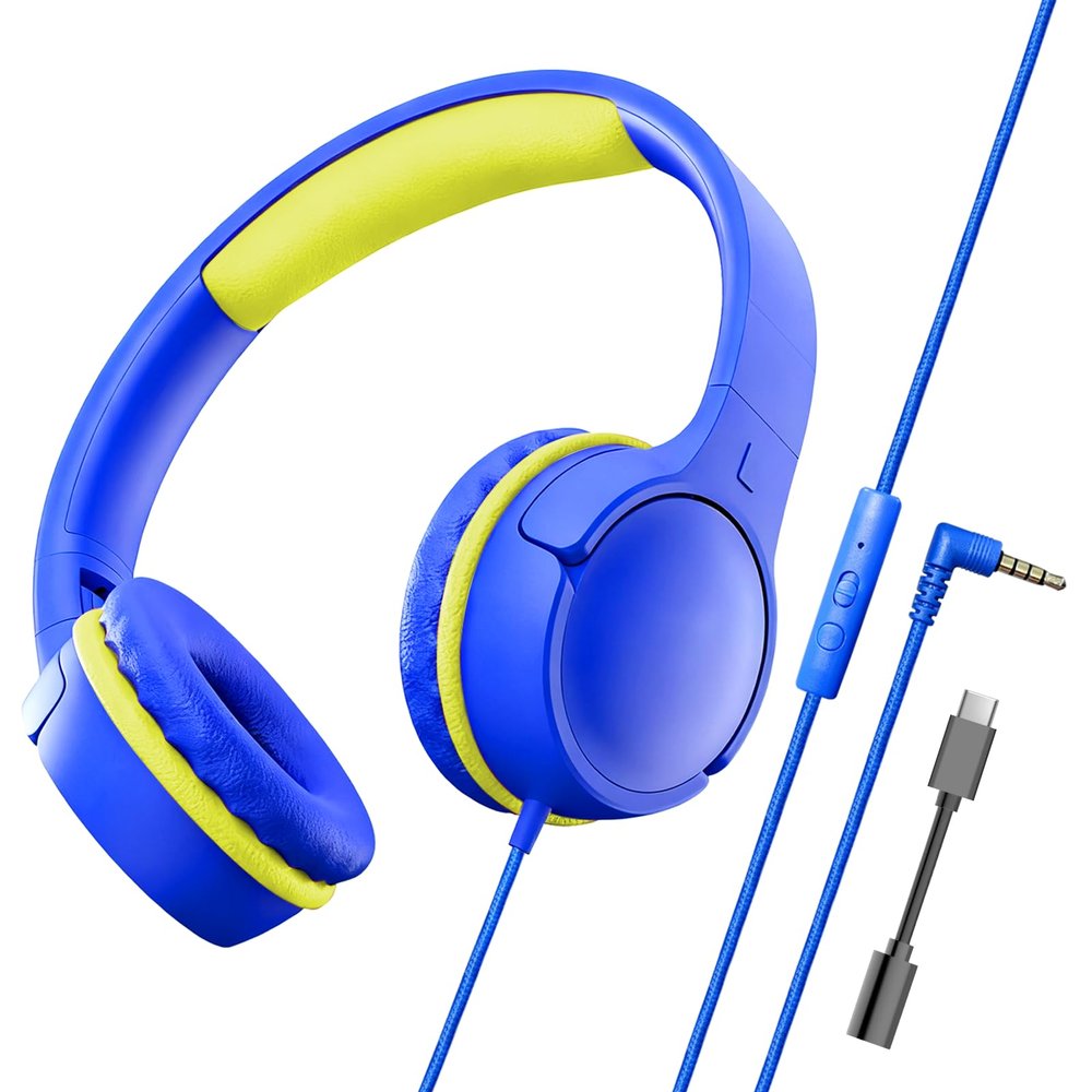 ChromaBloom Children's Headphones with Microphone, Foldable 3.5mm Jack, USB-C Jack, Adjustable 85db/94db Volume, Suitable for Mobile Phones,Computers,Tablets,School,Airplanes,Travel (Blue and Yellow)