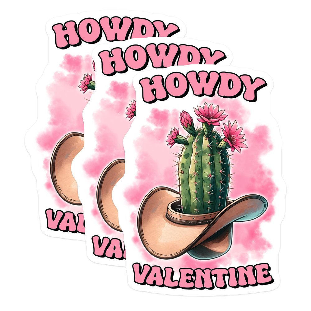 (3 Pack) Howdy Valentine Decals - Cactus Cowboy Hat - Southwestern Decals - 3 Inches On Longest Side - Easy Peel & Apply - Made in USA - 3MCS1923